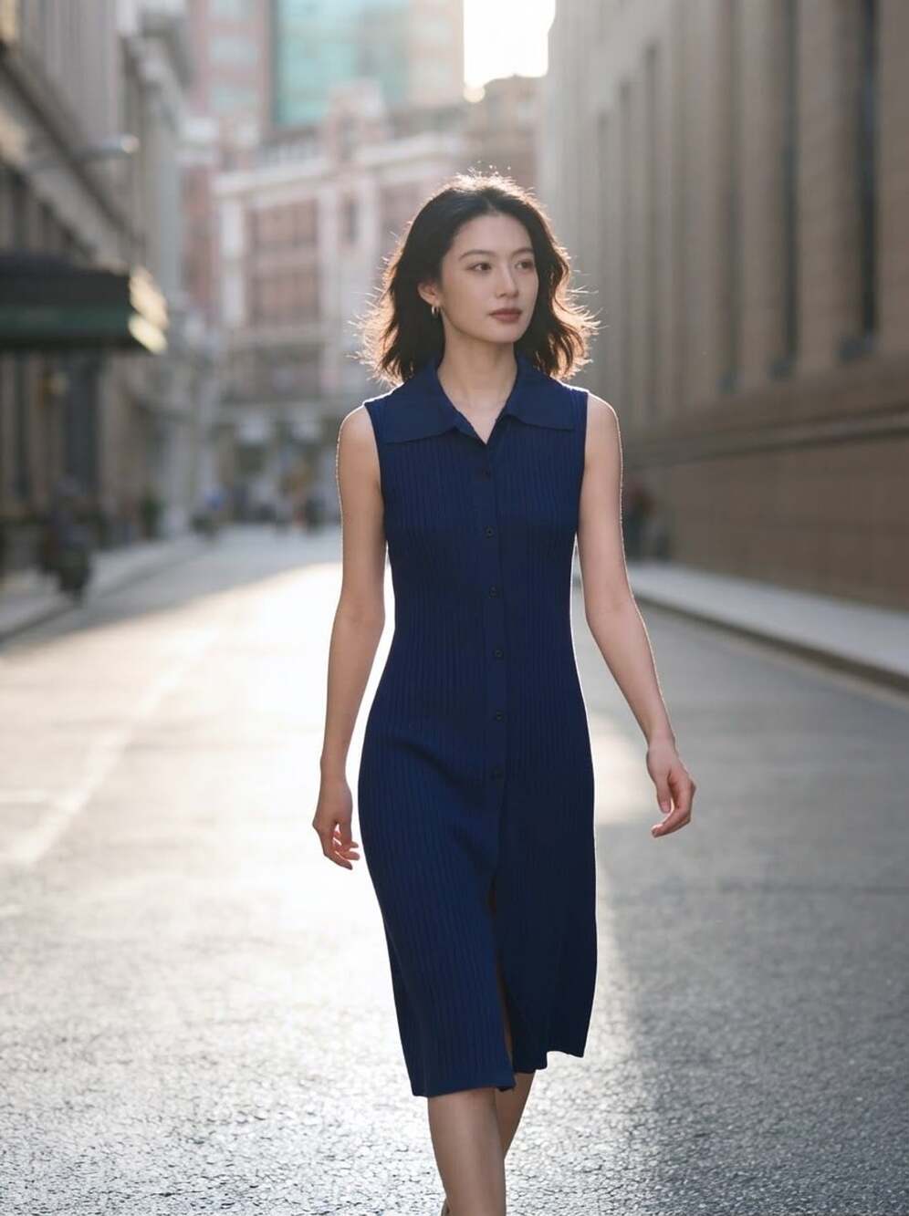 Commense Ribbed Knit Button-Front Midi Dress